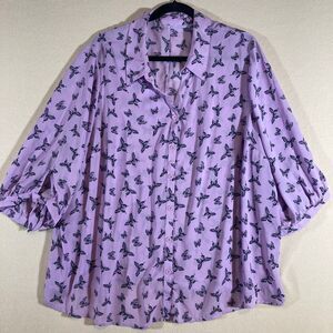 Catherine's Blouse Sz 2X Purple Butterfly Button‎ Up 3/4 Sleeve w/Tie